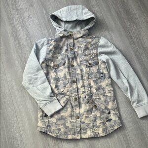 Grey Camo Hooded Ski Jacket with Knit Sleeves